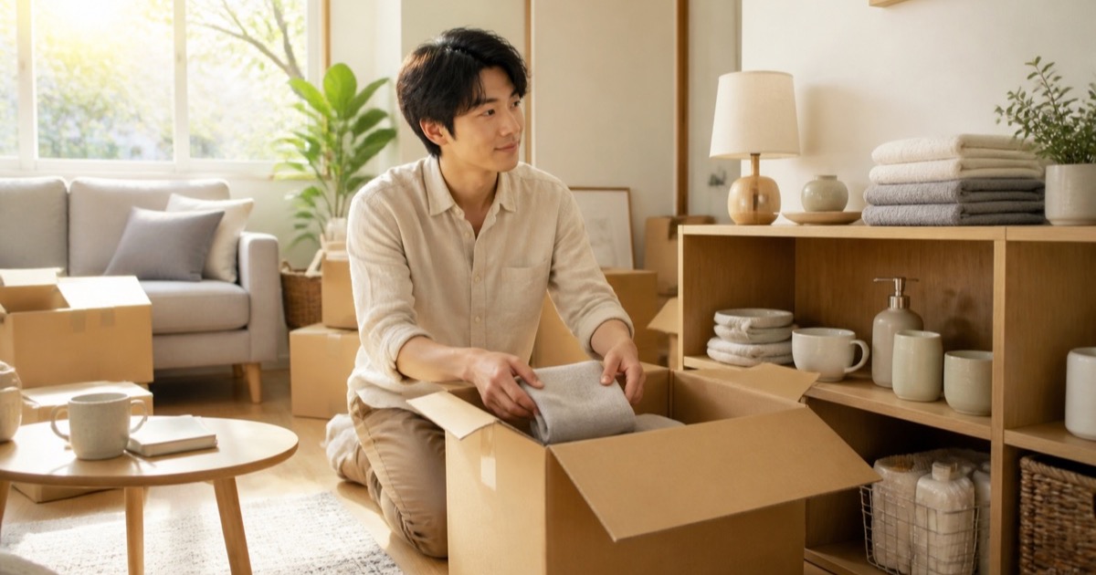 新居で荷解きに必要な日用品を整える人