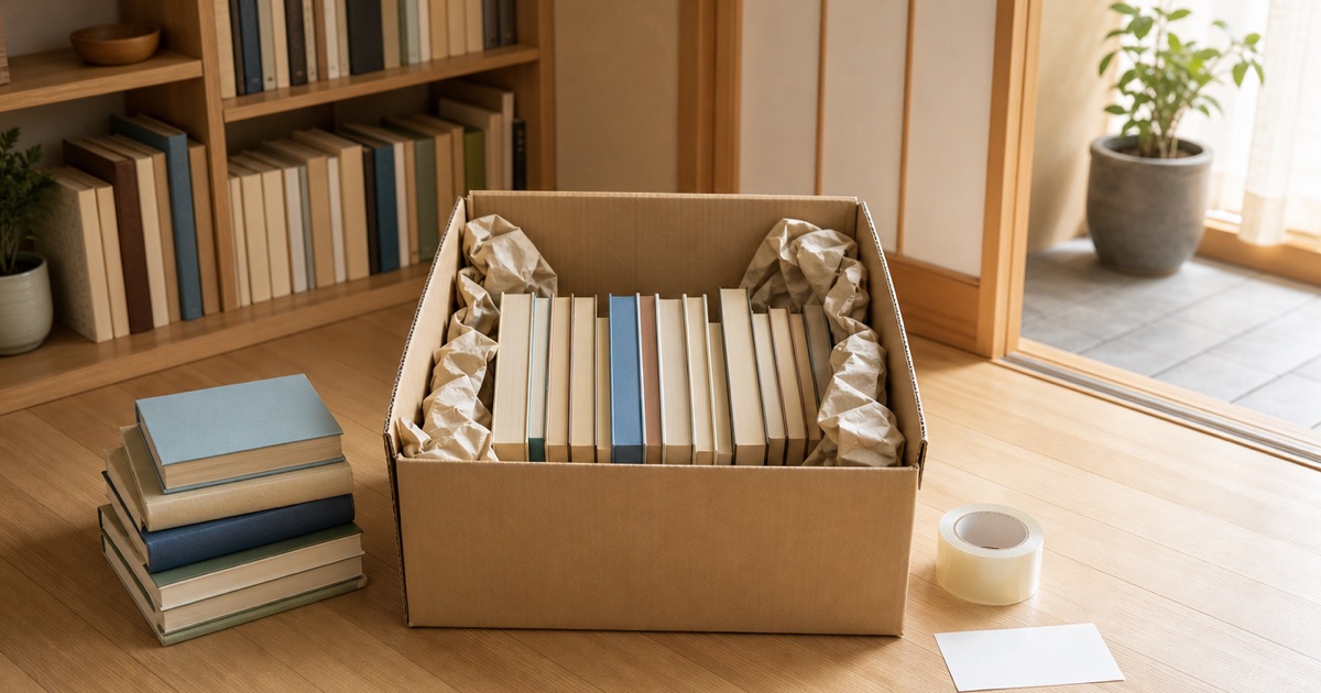 本を小さな段ボール箱に立てて詰め、隙間に梱包紙を入れた引越し準備の様子